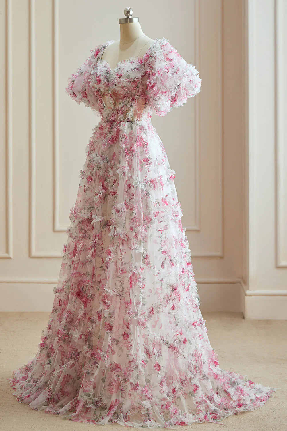 Wholesale A Line Sweetheart Ruffles Sweep Train Floral Printed Chiffon Prom Dresses